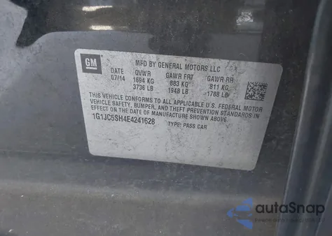 2014 Chevrolet Sonic Lt Auto из США, поврежденный, VIN 1G1JC5SH4E4241628